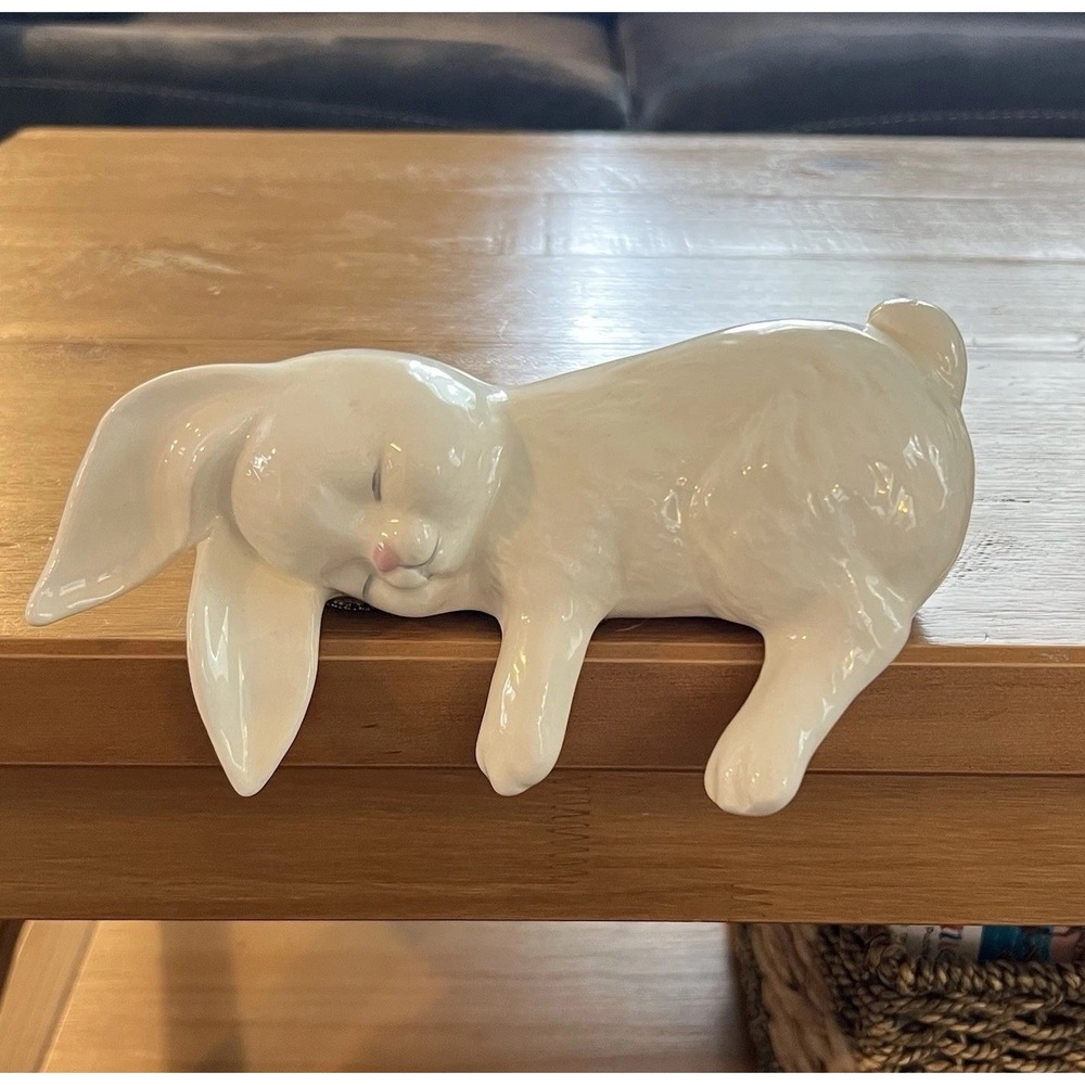 White Ceramic Sleeping Bunny Rabbit Shelf Sitter Figurine Easter Spring Decor
